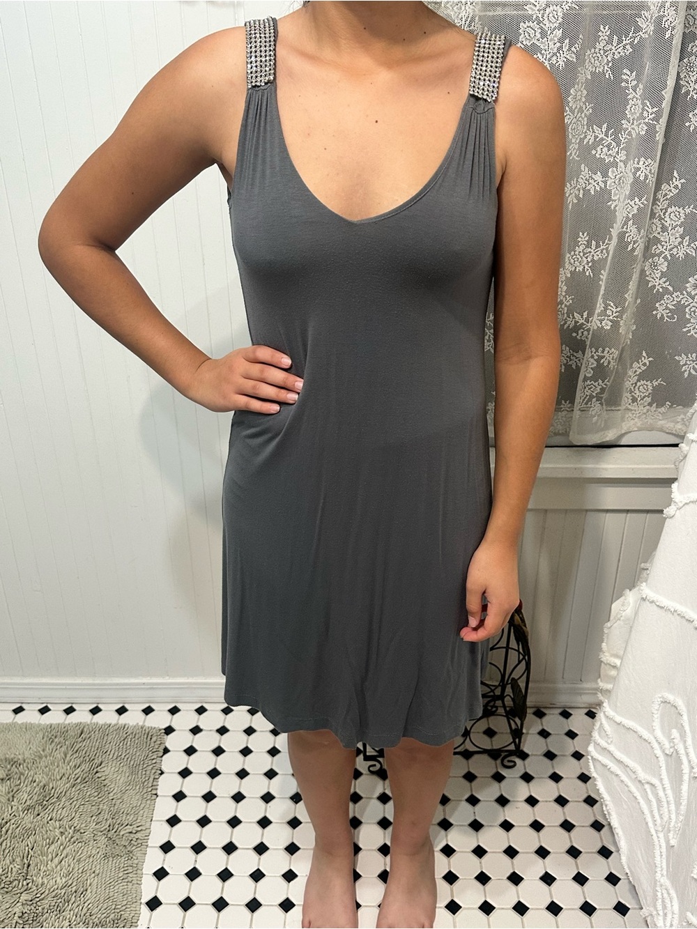 Tart Gray Midi Dress with Embellished Shoulder Straps